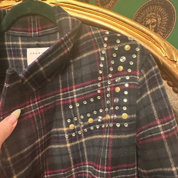 SANDRO Navy and Red Plaid Coat with Studded Shoulders, Size 36 - Picture 4 of 14